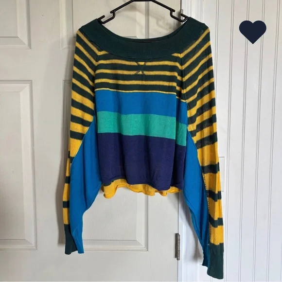 Free People Block Party Pullover Top Striped Oversized linen blend Knit Sweater - Picture 1 of 11